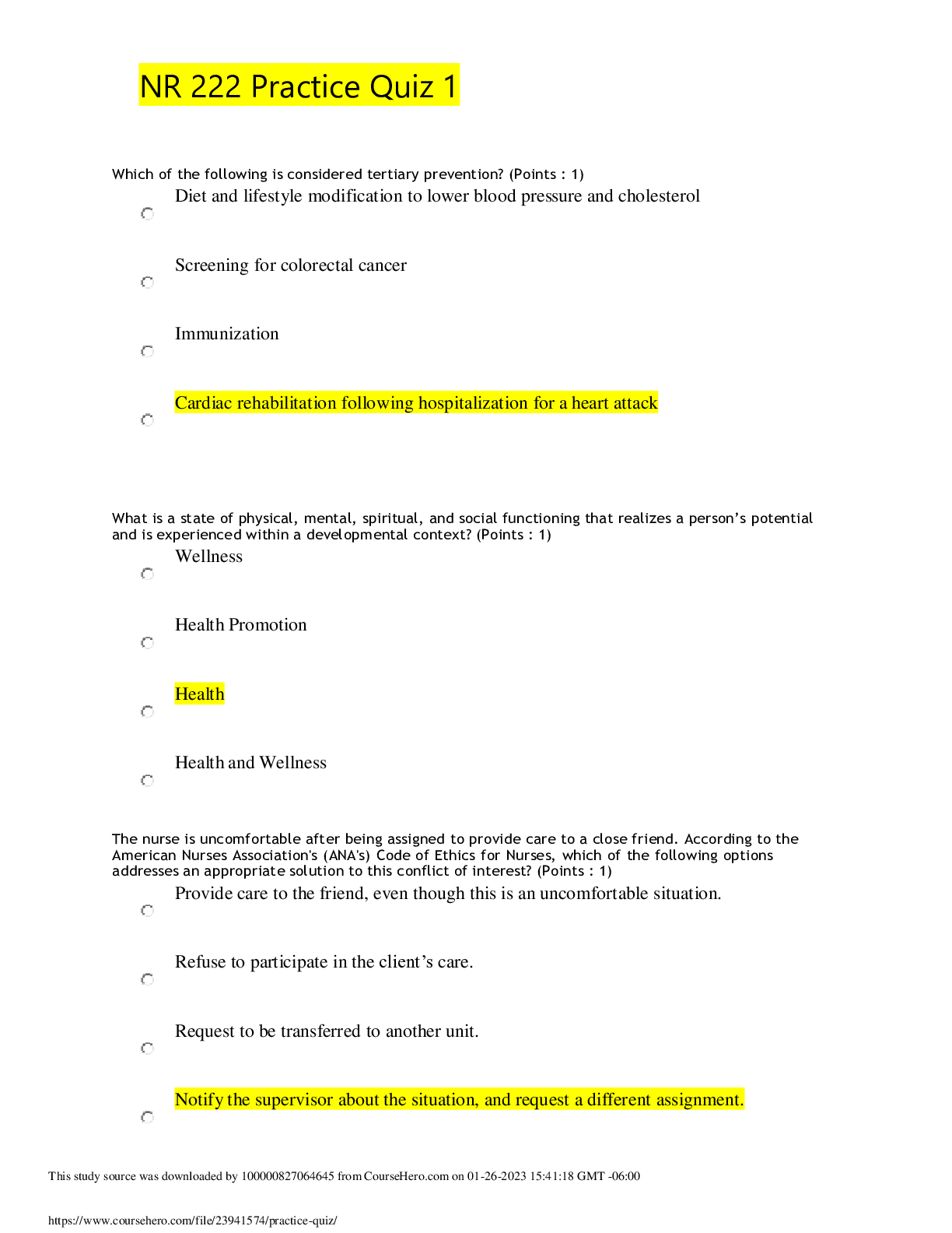 Preview image for NR 222 Practice Quiz 1 Quesation and Answers already graded A